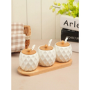 Kit Com 3 Peças Porta Mantimento em Cerâmica com Tampa de bambu com bandeja colher de bambu