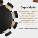 Porta Tempero Giratório 9 Potes de Vidro Preto 360 Graus com Tampa Dosadora Organização Cozinha Condimentos