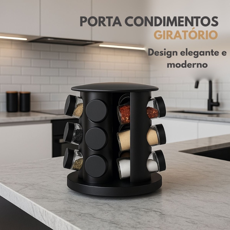 Porta Tempero Giratório 9 Potes de Vidro Preto 360 Graus com Tampa Dosadora Organização Cozinha Condimentos