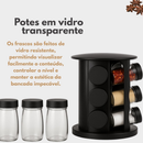 Porta Tempero Giratório 9 Potes de Vidro Preto 360 Graus com Tampa Dosadora Organização Cozinha Condimentos