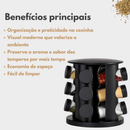 Porta Tempero Giratório 9 Potes de Vidro Preto 360 Graus com Tampa Dosadora Organização Cozinha Condimentos