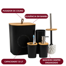Kit Banheiro Quadrado em Bambu com Lixeira Luxo e Puxador de Couro