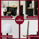 Kit Banheiro Quadrado em Bambu com Lixeira Luxo e Puxador de Couro