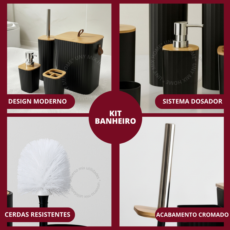 Kit Banheiro Quadrado em Bambu com Lixeira Luxo e Puxador de Couro