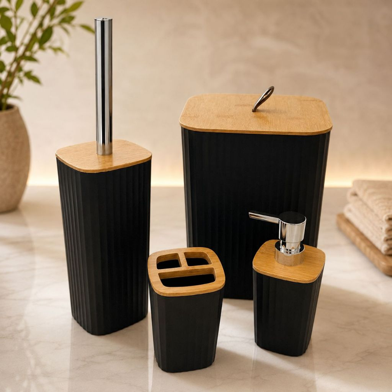 Kit Banheiro 4 Peças Tampa Bambu Lixeira Escova Sanitária Porta Sabonete kit banheiro Quadrado