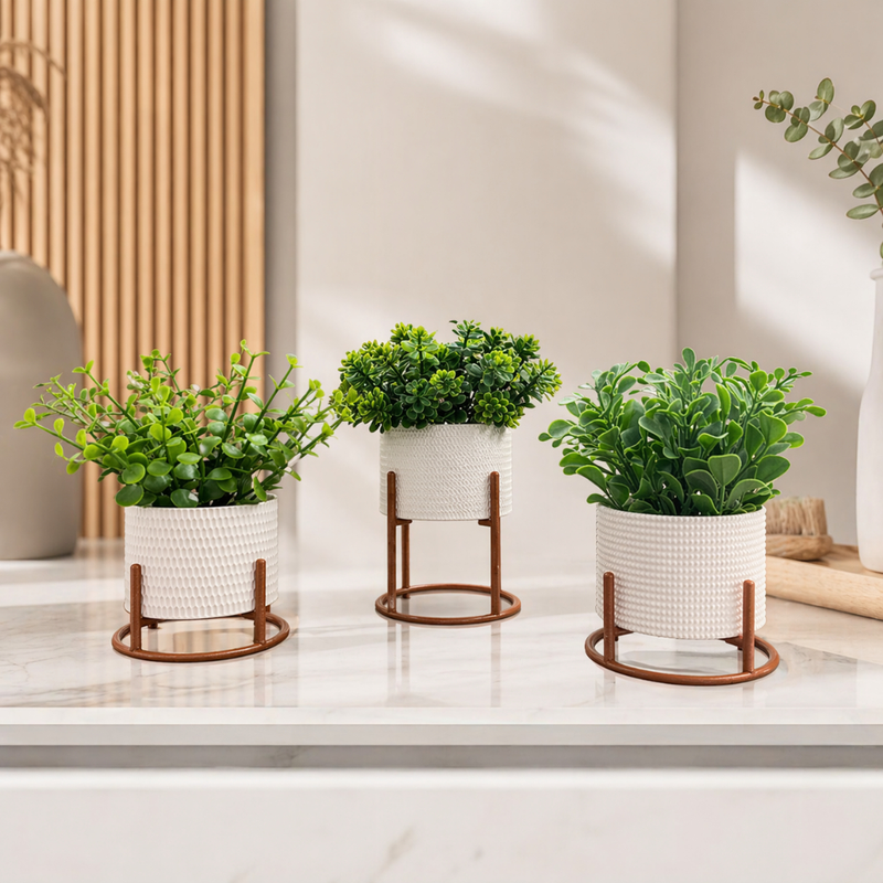 Kit 3 Vasos Cachepot Mini Decorativo Mini Cactos Suculentas Plantas Artificiais Naturais Decoração Sala Escritório