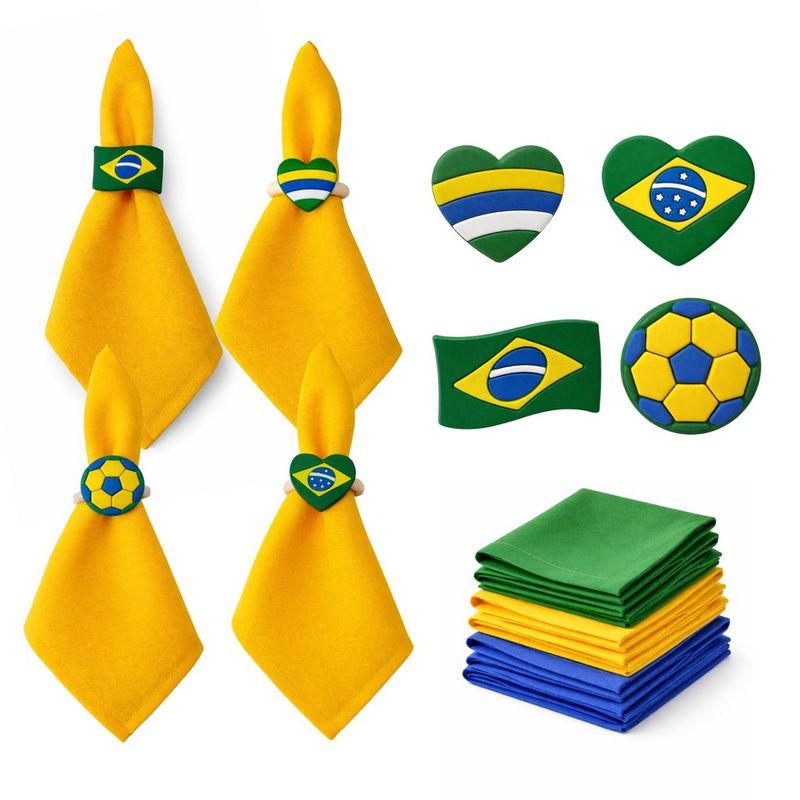 Kit Copa do Mundo Mesa Posta – 4 Guardanapos + 4 Anéis de Guardanapo Sortidos